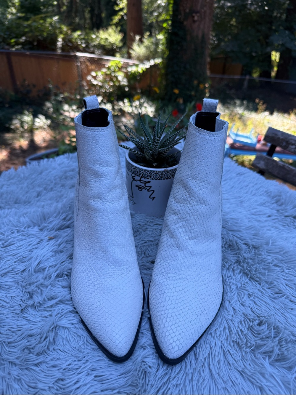 Nine West White Animal Print Textured Leather Pointed Ankle Boots - Women's